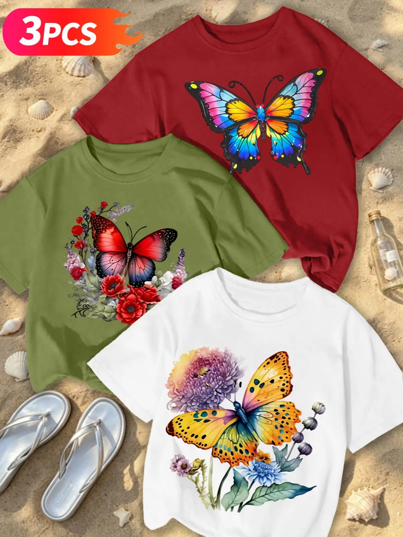 3Pcs Women Crew Tee, Colorful Floral Butterfly Watercolor Print, multi-color, washable, soft spring summer top