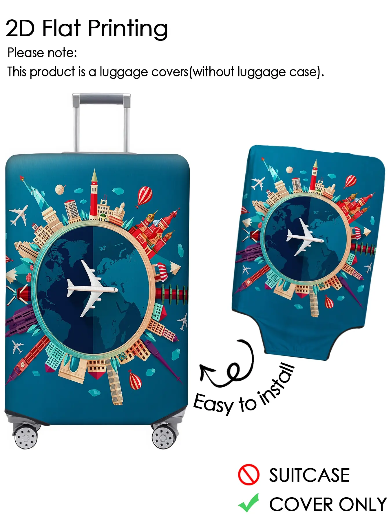 Global landmark aircraft luggage cover, luggage dust cover, elastic fabric, dust-proof, scratch resistant, suitable for 18-32 inch luggage, essential travel accessory