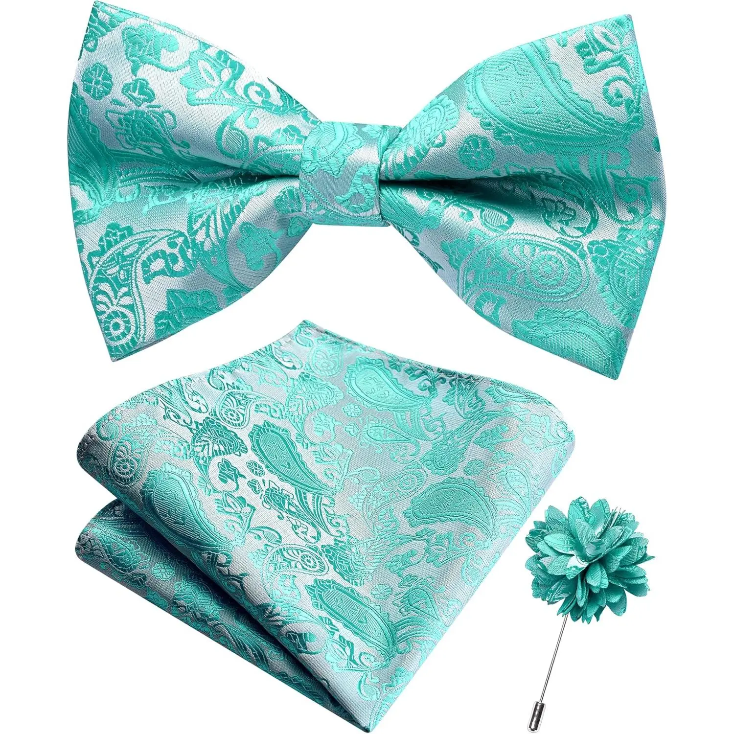 Bow Tie Set for Men Wedding Silk Paisley Bowties Pocket Square and Lapel Pin Brooch Set