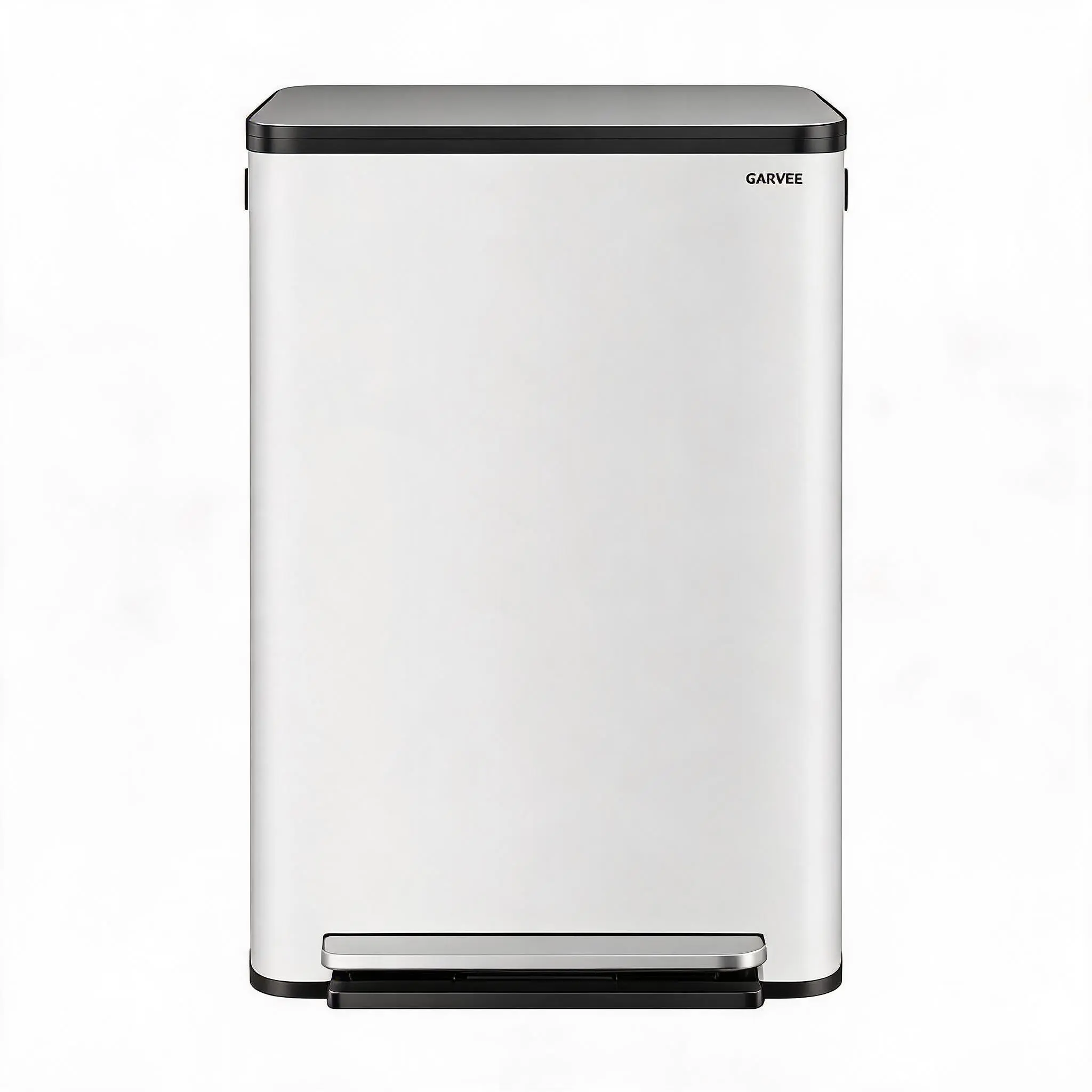 13 Gallon (50L) Stainless Steel Kitchen Trash Can, Slim Rectangular Step-On Garbage Bin - Soft-Close Lid - Removable Inner Bucket - Two-Tone Silver/Black/White