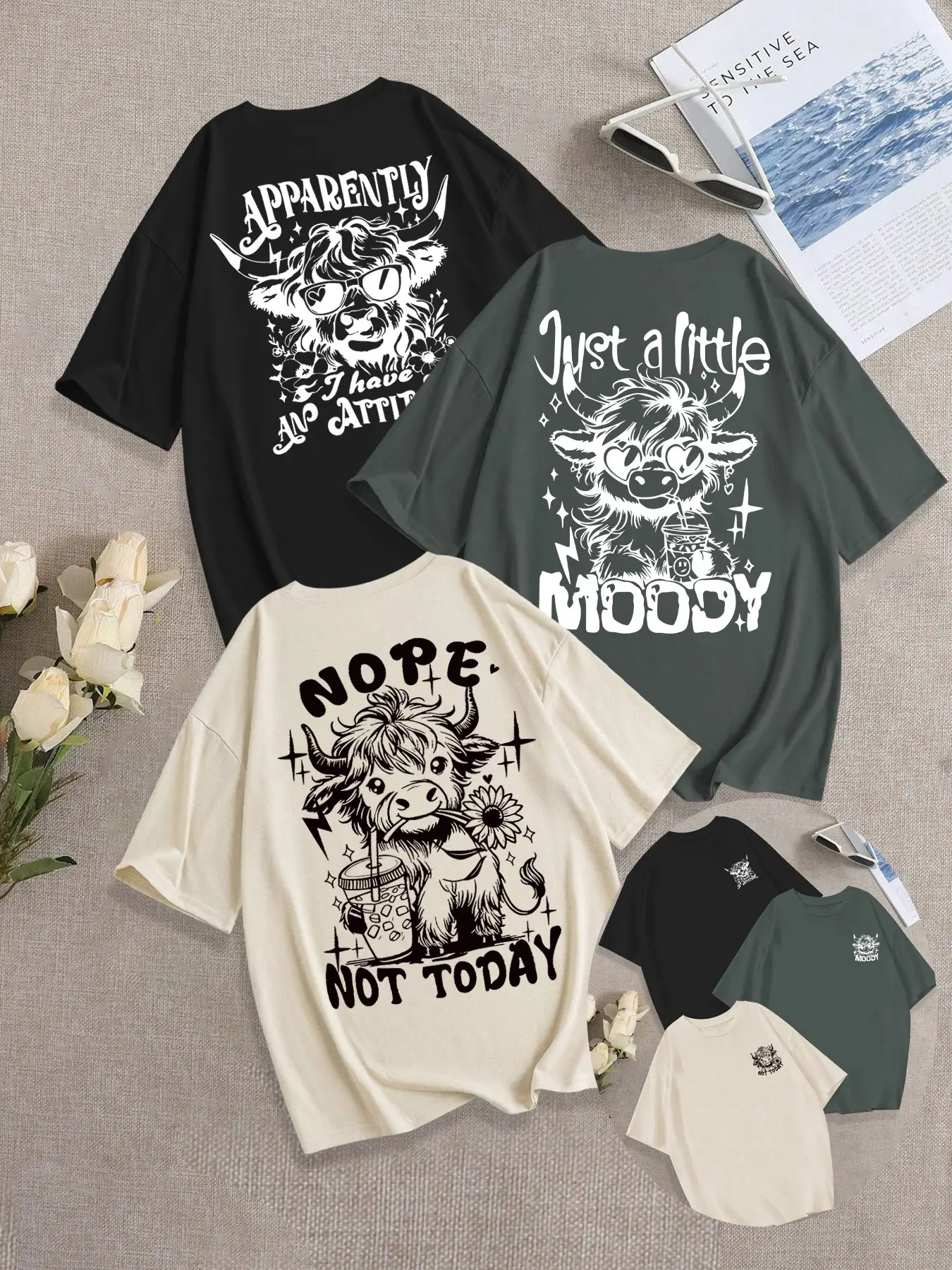 Women's Casual T-Shirt, Loose-Fit Round Neck, Cute Bull Print, Comfortable Daily Wear, Fashionable Versatile Top, Three-Piece Set