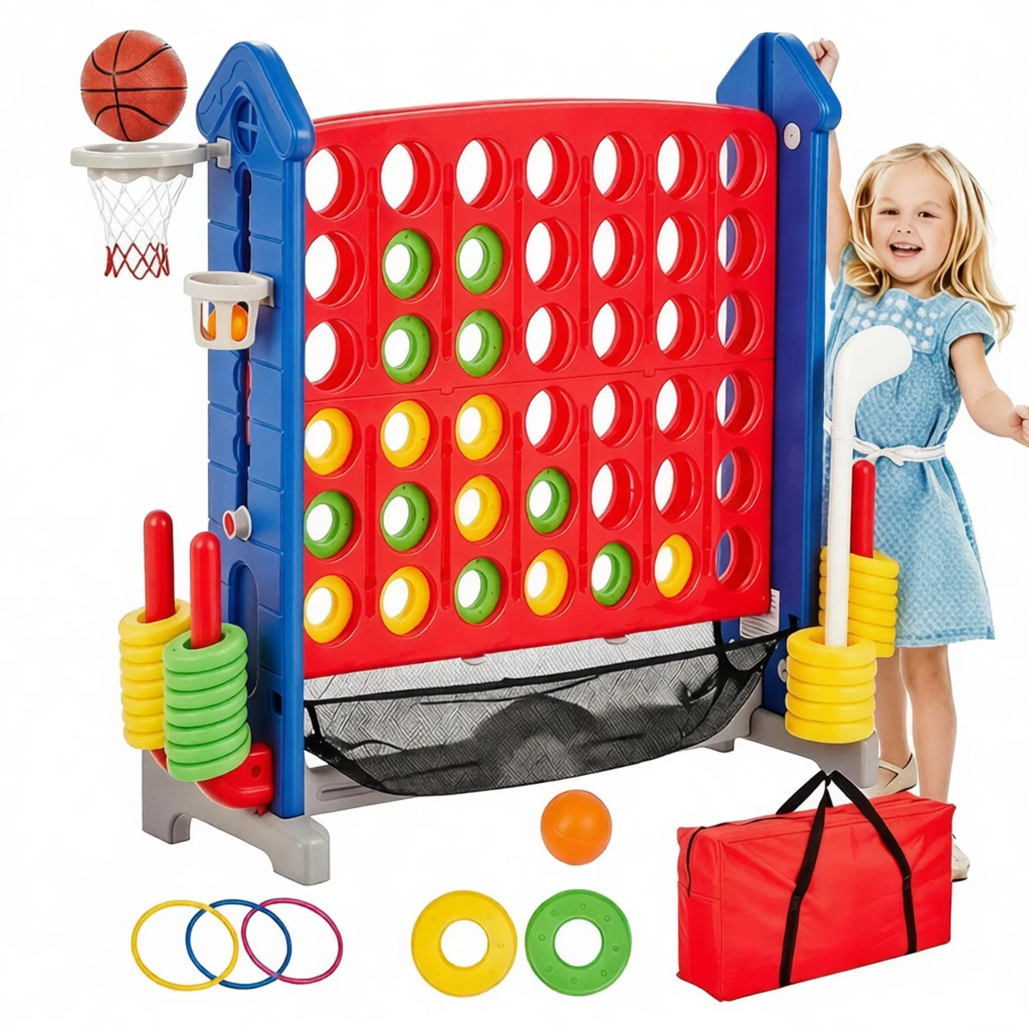 Jumbo 4-in-1 Giant Floor Board Game Set for Kids & Adults - Adjustable 3-Level Height - Four in a Row, Golf, Basketball, Ring Toss - Durable HDPE - Indoor & Outdoor Family Toy