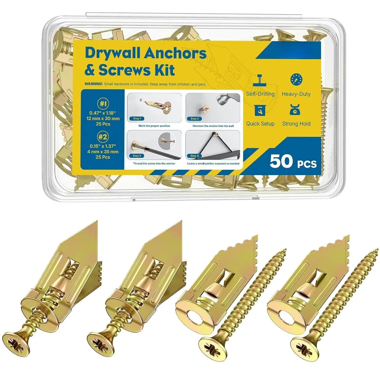 Self Drilling Drywall Anchors, Heavy Duty Wall Anchors for Drywall, Metal Dry Wall Anchors and Screws Kit, Carbon Steel Sheetrock Anchors with #6 x 1 3/8" Screws, Picture  Kit, 50 count