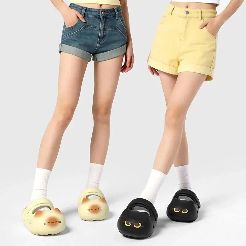 New Black Cat Slides Kitty Slippers Women Anti-Slip Cats Paw Sole Summer Sandals Beach Home Slippers Adjust Strap Sandal Shoes
