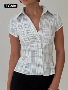 women's plaid print curved hem short sleeve blouse, casual bishop sleeve collared top for summer, ladies clothes for daily wear, womenswear