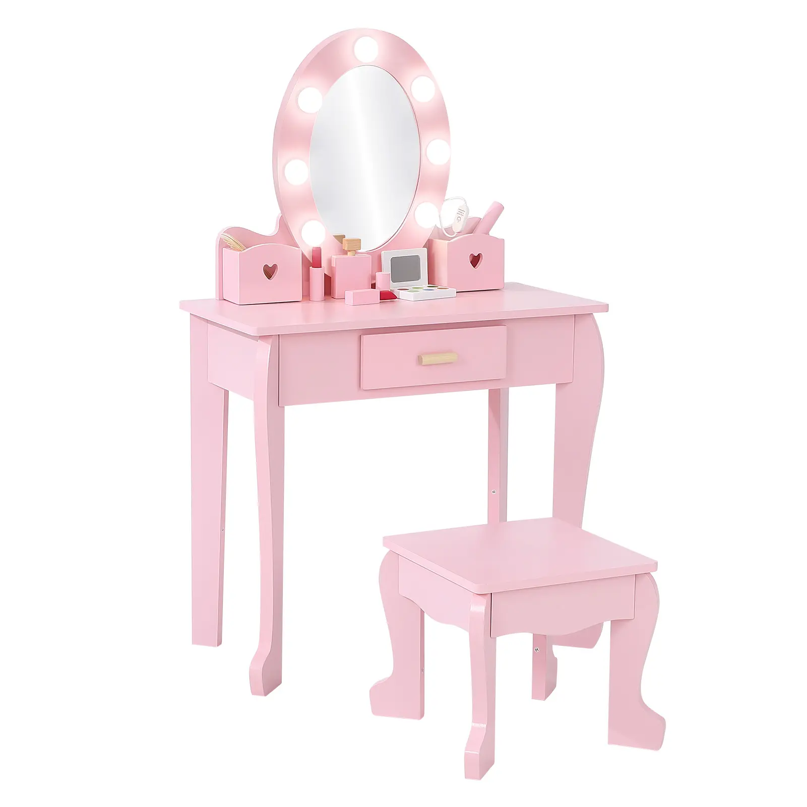 Kids Vanity Table & Chair Set with Lighted Mirror – Wooden Princess Makeup Dressing Table for Girls – Includes Stool – Storage Drawer & Grids – Pretend Play Furniture – Pink