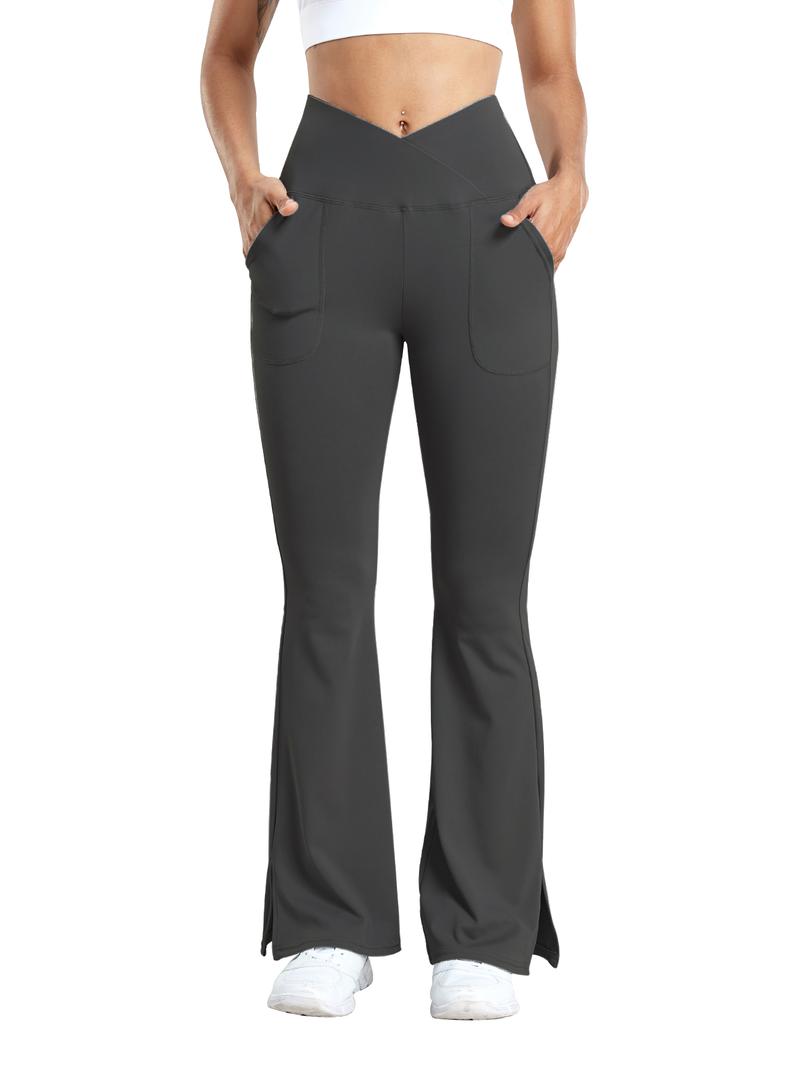 Women's Minimalist Basic Cross Wrap High Waist Pocket Flare Leg Leggings, Pants for Women, Going Out Bottoms, Casual Comfy V-cut Waist Skinny Bell Bottom Pants, Flared Leggings, Work Pants Women, Tummy Control Legging