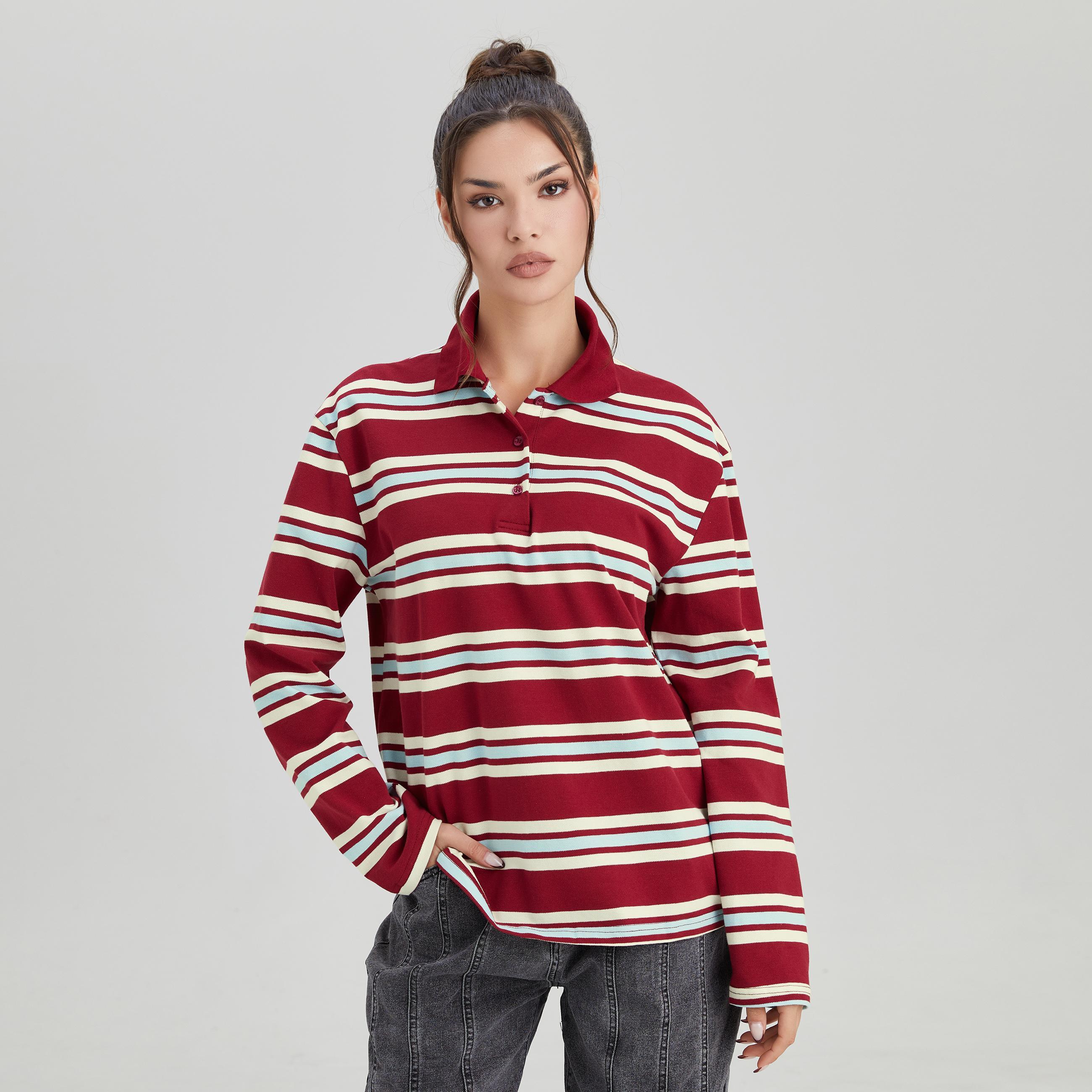 KatchMe Women's Casual Color-Matching Stripe Partial Button Long Sleeve Top, Versatile Striped Cotton Polo Shirt, Comfort Loose Streetwear