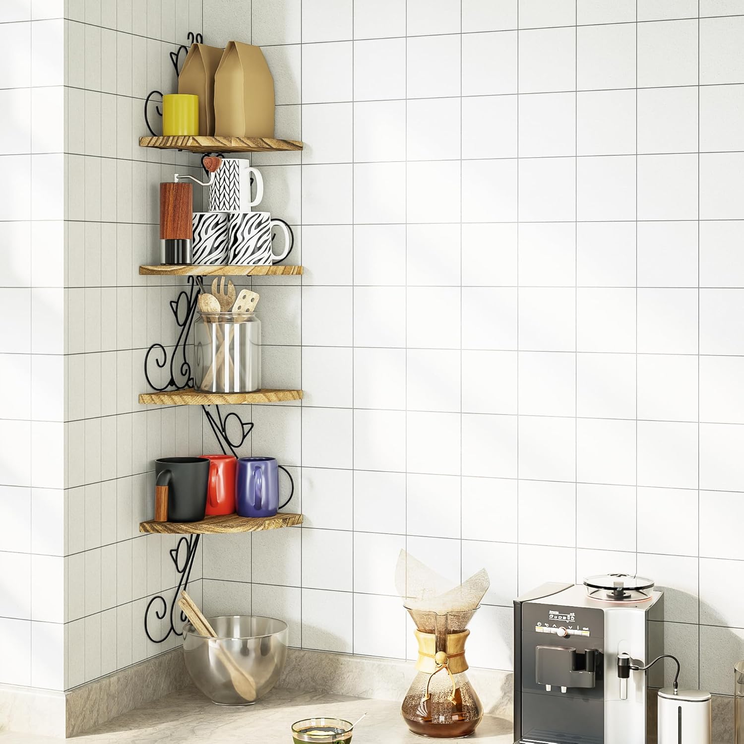 PLL Wall Mount Corner Shelves 4 Tier Floating Corner Storage  Shelves Decorative Rustic Radial Shelf in  Shape Carbonized Black