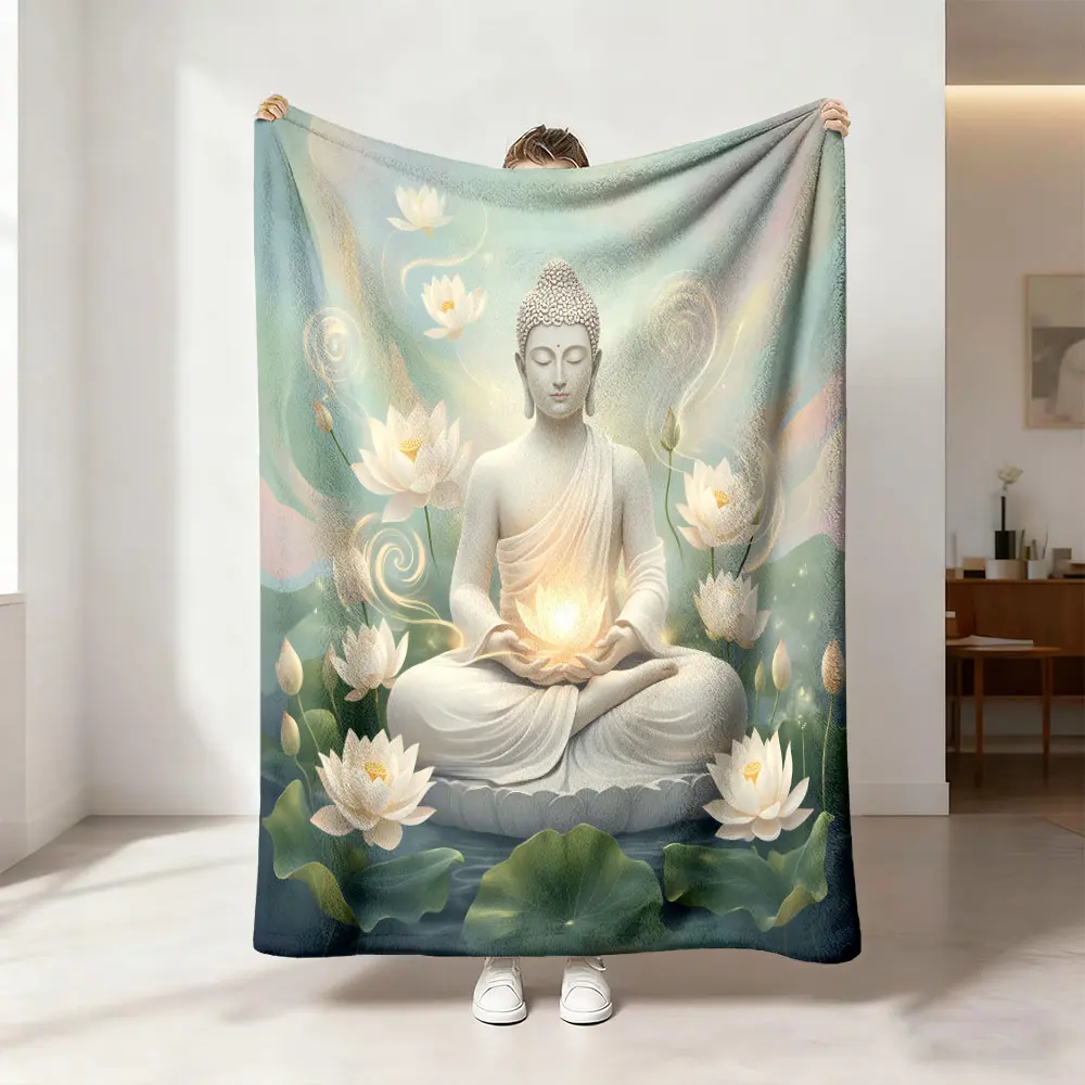 A Buddha statue with a lotus-themed Zen-inspired slogan, made from flannel fabric that's gentle on the skin and suitable for offices, camping, sofas, and beds.