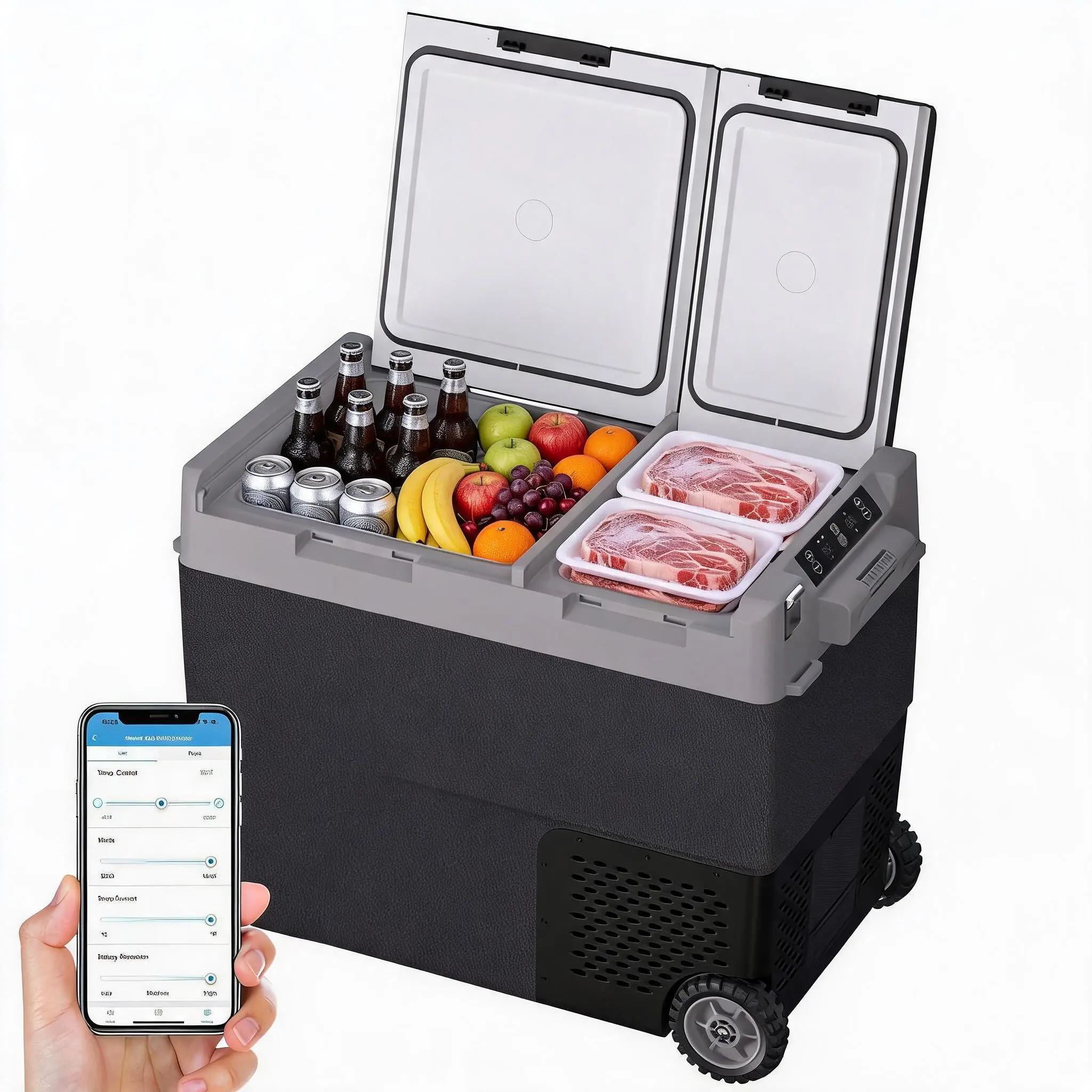 Car Refrigerator, 61QT(58L) Dual Zone Car Fridge Portable Freezer Compressor Electric Cooler, Portable Refrigerator, Rapid Freezing, -4°f to 68°f, 12/24V Can Internal Battery (Not Included) LCD Built-