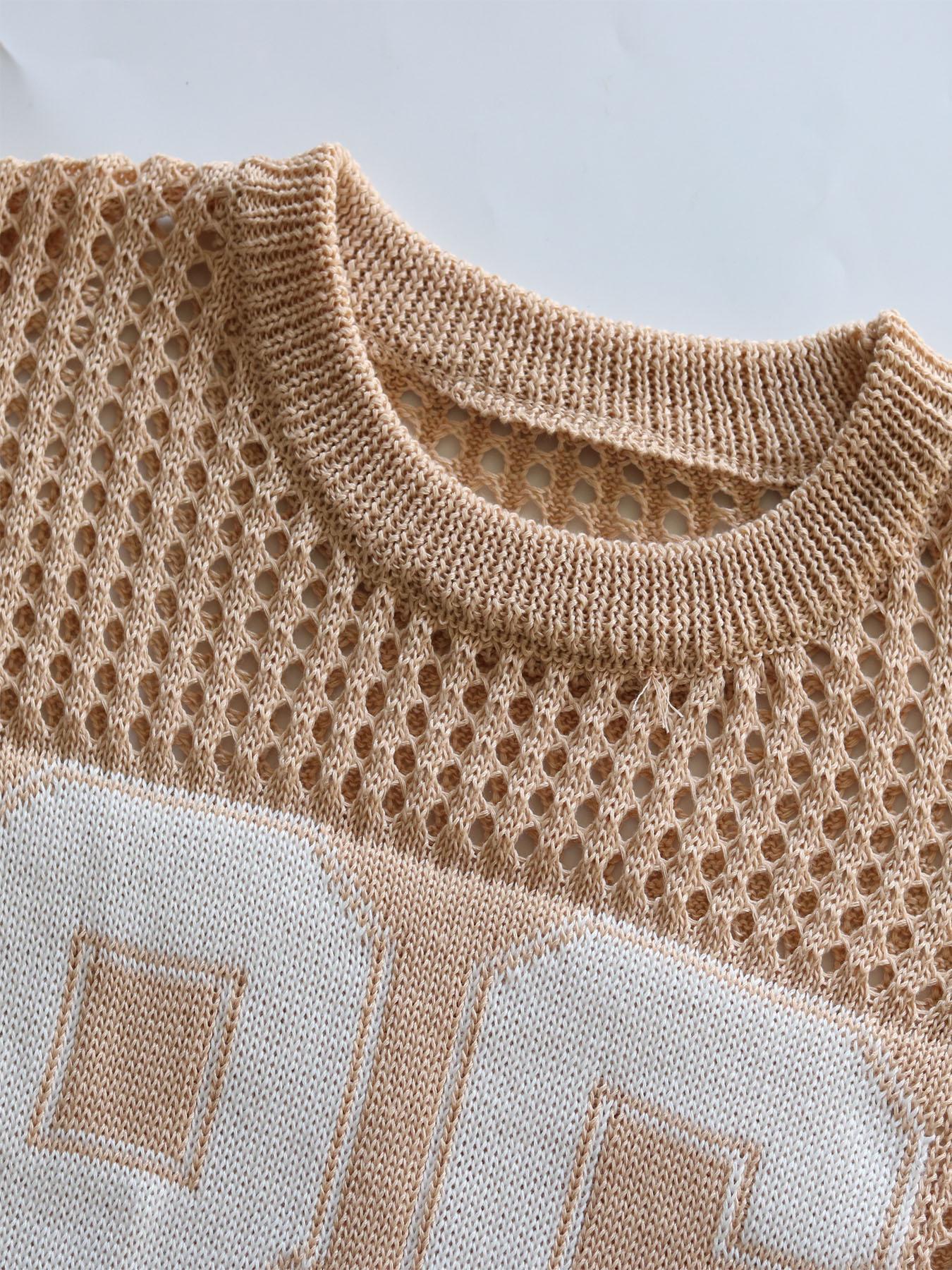 Plus Size Women's Digital Print Hollow Out Sweater, Casual Fashion Sporty Round Neck Knit Top, Summer Wear, Daily Clothing