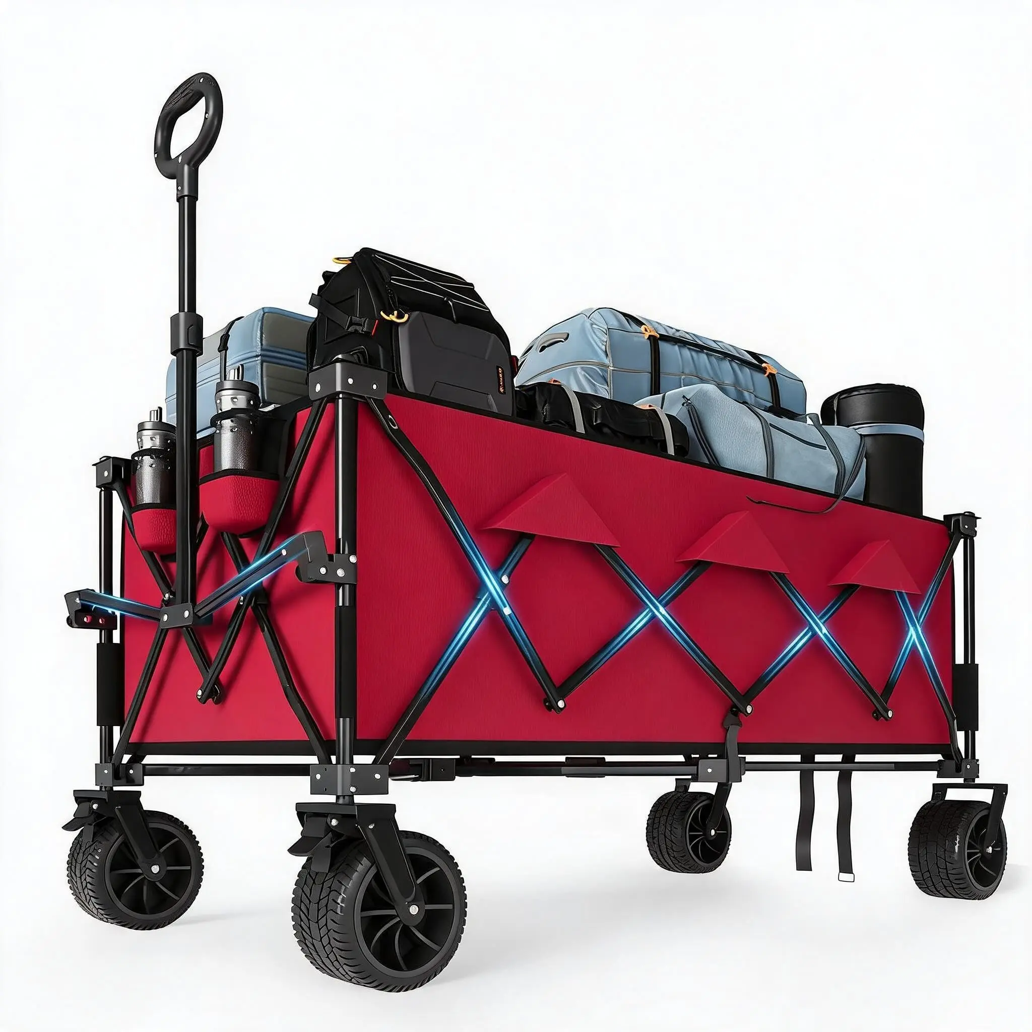 GARVEE Foldable Beach Cart 350L 208kg, All-Terrain Cart with Large Wheels for Camping, Garden, and Shopping, Red