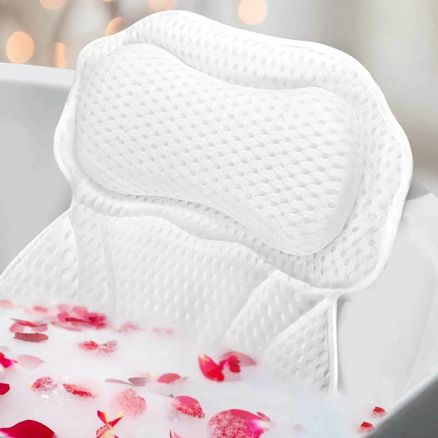 Luxury Bath Pillow for Tub – Ultra Soft 4D Air Mesh Headrest with 6 Strong Suction Cups, Full Neck & Back Support, Quick-Dry Spa Pillow for Bathtub, Relaxing Home Spa Accessories for Women & Men (White)