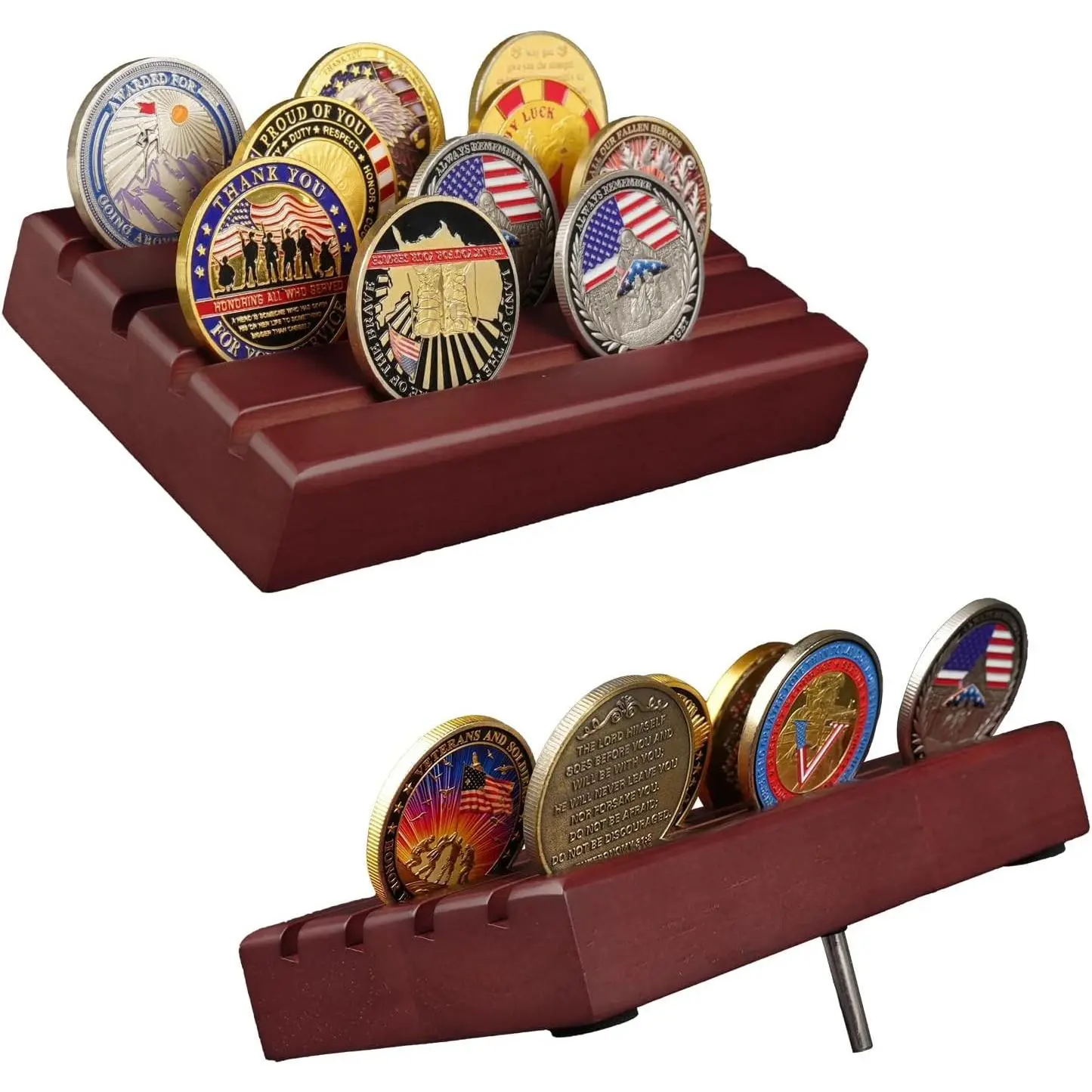 Small Military Challenge Coins Display Holder Solid Wood Challenge Coin Stand Holds 10-12 Coins, 4 Row Coin Holder Rack for Desk, Challenge Coin Display Case ,Red Finish