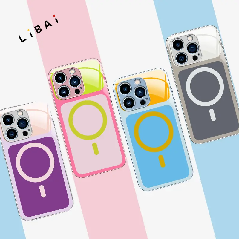 Fits【iPhone 13 Pro】Viral Dopamine Color Block MagSafe Magnetic Glass Phone Case, Two-Tone Bright Pastel Electroplated Glossy Shockproof Minimalist Aesthetic Cover---9435