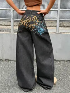 Women's High-Waisted Wide-Leg Jeans Pants, Goddess Portrait Embroidered Letter Patchwork, Y2K Street Style, Loose Fit, All Seasons