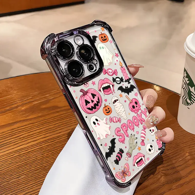 Black Soft Silicone Phone Case - 4-Corner Anti-Fall, Cute Candy Pumpkin Ghost Design, Transparent Non-Yellowing Shockproof Cover for iPhone 17 Pro Max,16 Plus,15,14,13,12,11,XR,XS & Samsung Galaxy S26,S25,S24,S23,S22, Girls' Gift, Iphone 11, Anti-Fall Cor