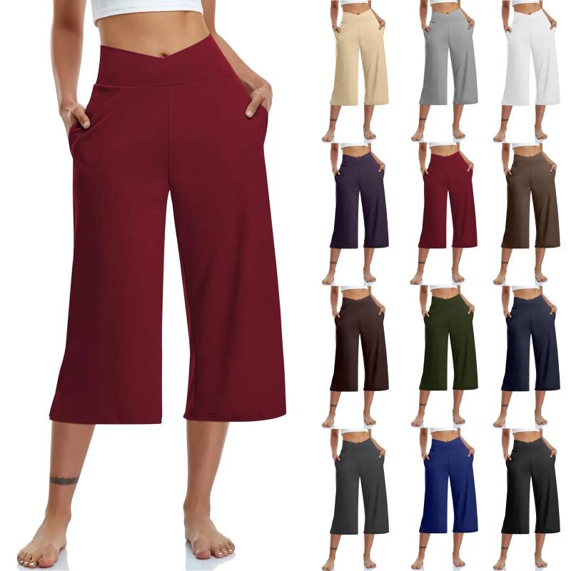 Women  Elastic High Waist 3/4 Pant Casual Active  Fit Wide Capris Leg Pants Trousers With Pockets Pants for Women Womens Pants Girl Fashion Blue Red