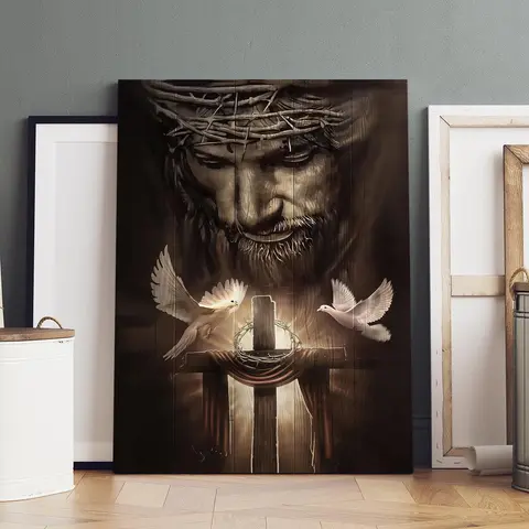 Jesus Cross Pattern Canvas Painting with Frame, Modern Art Religious Art Poster, Christ Cross Print, Wooden Wall Art Decor for Home Living Room Bedroom Office, Stylish Religious Decor, Cross Design, Ornaments, Religious Decoration
