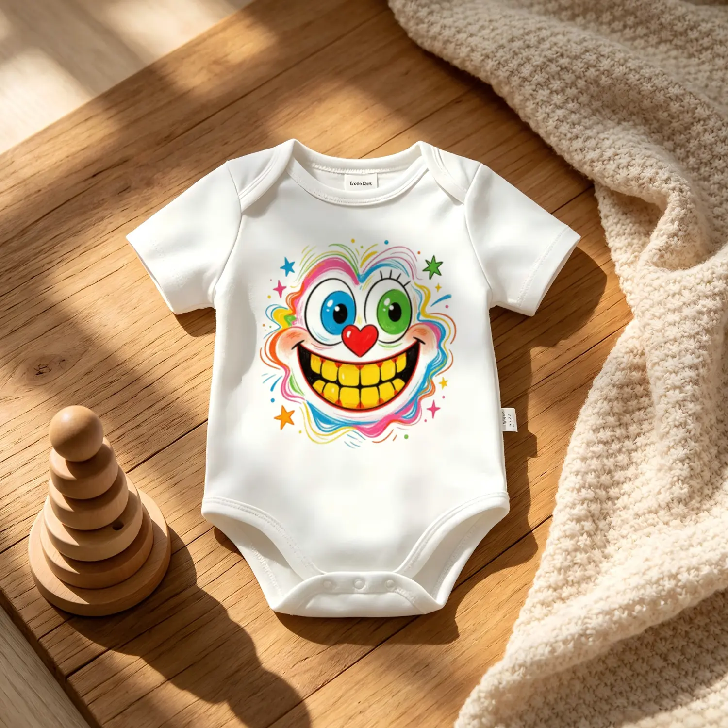 Playful Clown Face Print Baby Onesie, Soft Cotton Short Sleeve Bodysuit for Summer Everyday Wear and Baby Shower Gift, Snap, Holiday, 0 - 2 Years