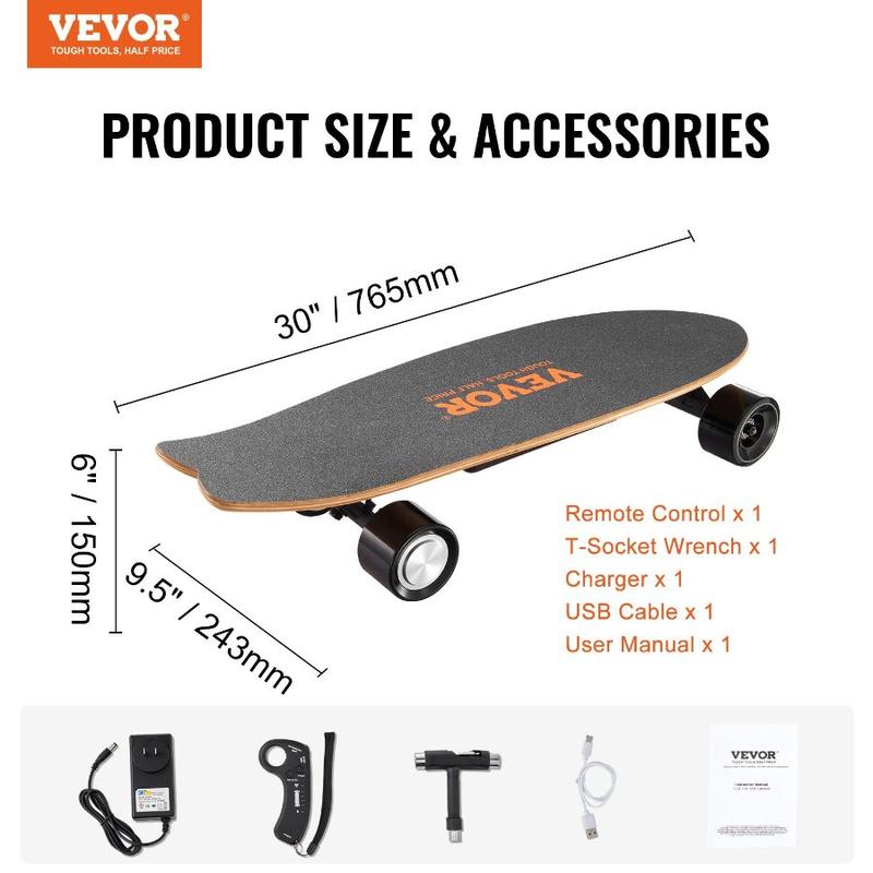 VEVOR Electric Skateboard with Remote, 9.3 Mph Top Speed 5 Miles Max Range Skateboard Longboard, 3 Speeds Adjustment Skateboards, Easy Carry Handle Design, Suitable for Adul Tested to UL Standards