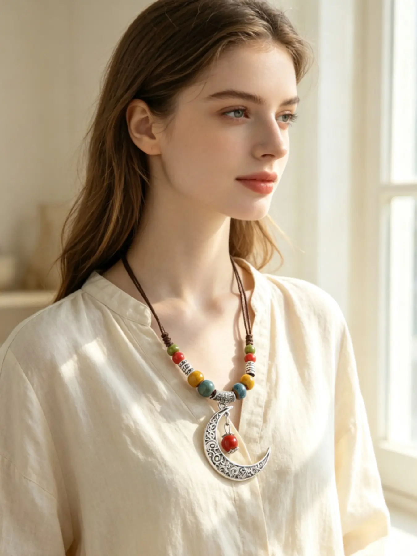 Vintage Boho Crescent Moon Necklace for Women, Ethnic Color Ceramic Bead, Wax Cord Long Pendant, Bohemian Hippie Festival Jewelry