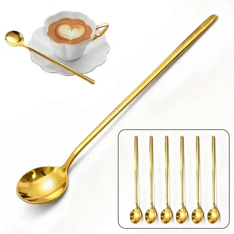 Stainless Steel 6-Piece Long Stirring Spoons Set - For Coffee, Hot Chocolate, Latte - Home Bar Accessory, Festive Party Gift