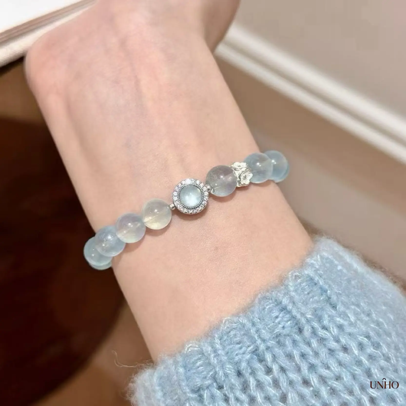 Women's New Arrival Moonlight Bracelet - Artificial Blue Light White Moonstone, Aquamarine Crystal Beaded Bag Accessory, Soft Glow, Lightweight, Romantic Daily Wear DIY Luggage & Bag Jewelry, Skin Friendly
