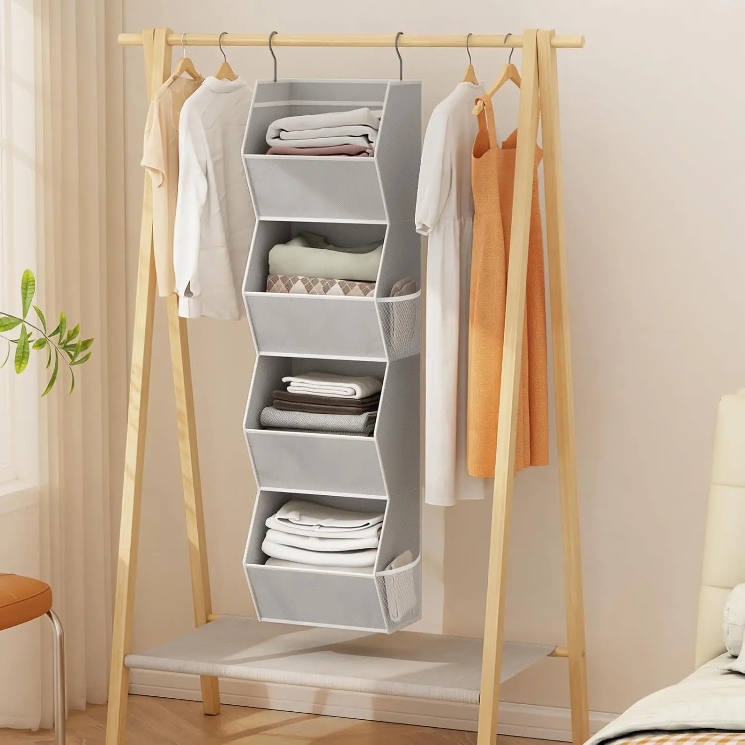 Closet Organizer 4 Shelf Collapsible Bedroom Closet Organizers and Storage Hanging with Mesh Pockets for Clothes, Fabric Hanging Storage Bins for Wardrobe Closet Organization and Storage, Grey
