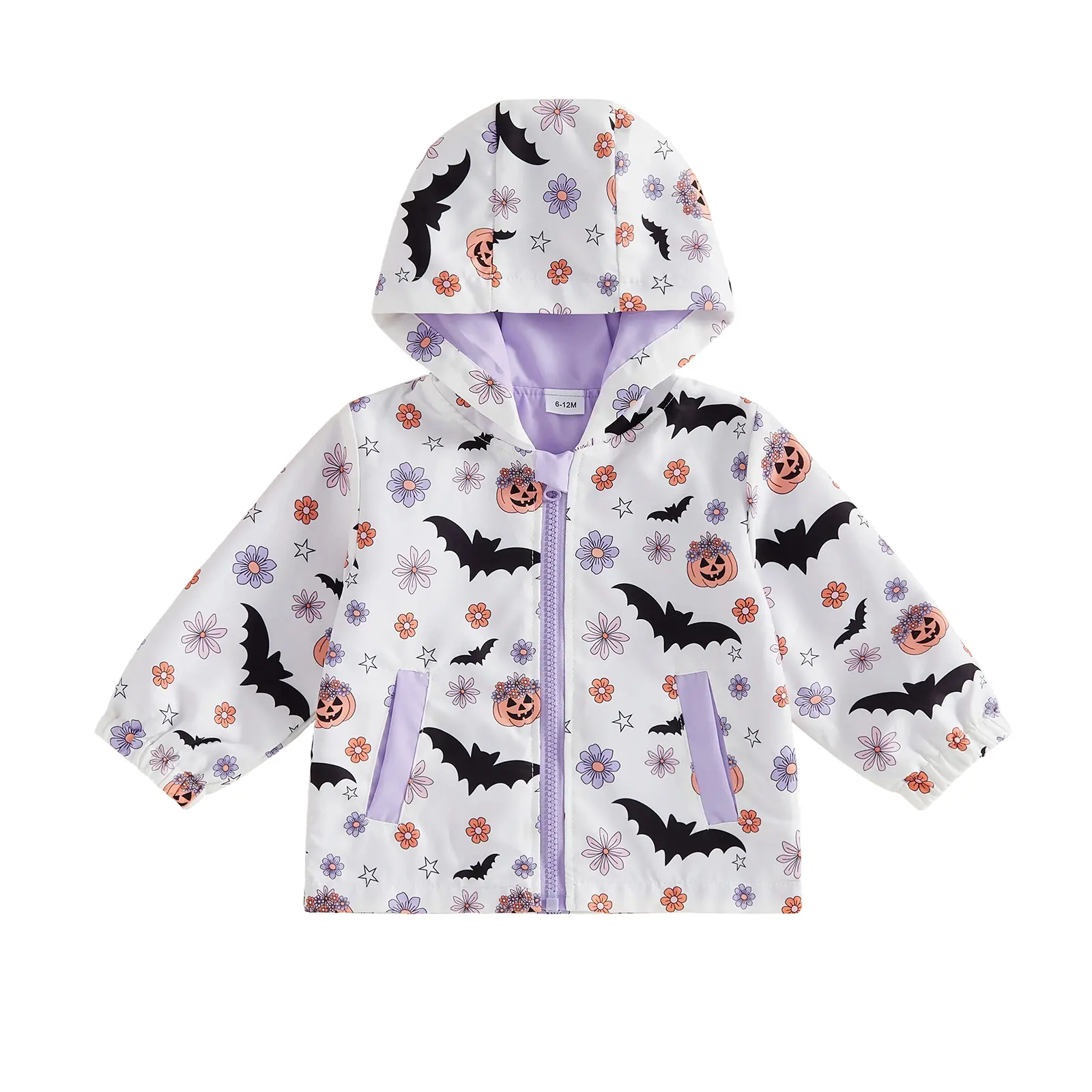 Toddler Baby Girl Halloween Jacket Pumpkin Ghost/Flower Bat Print Hooded Long Sleeve Coat Zipper Outerwear