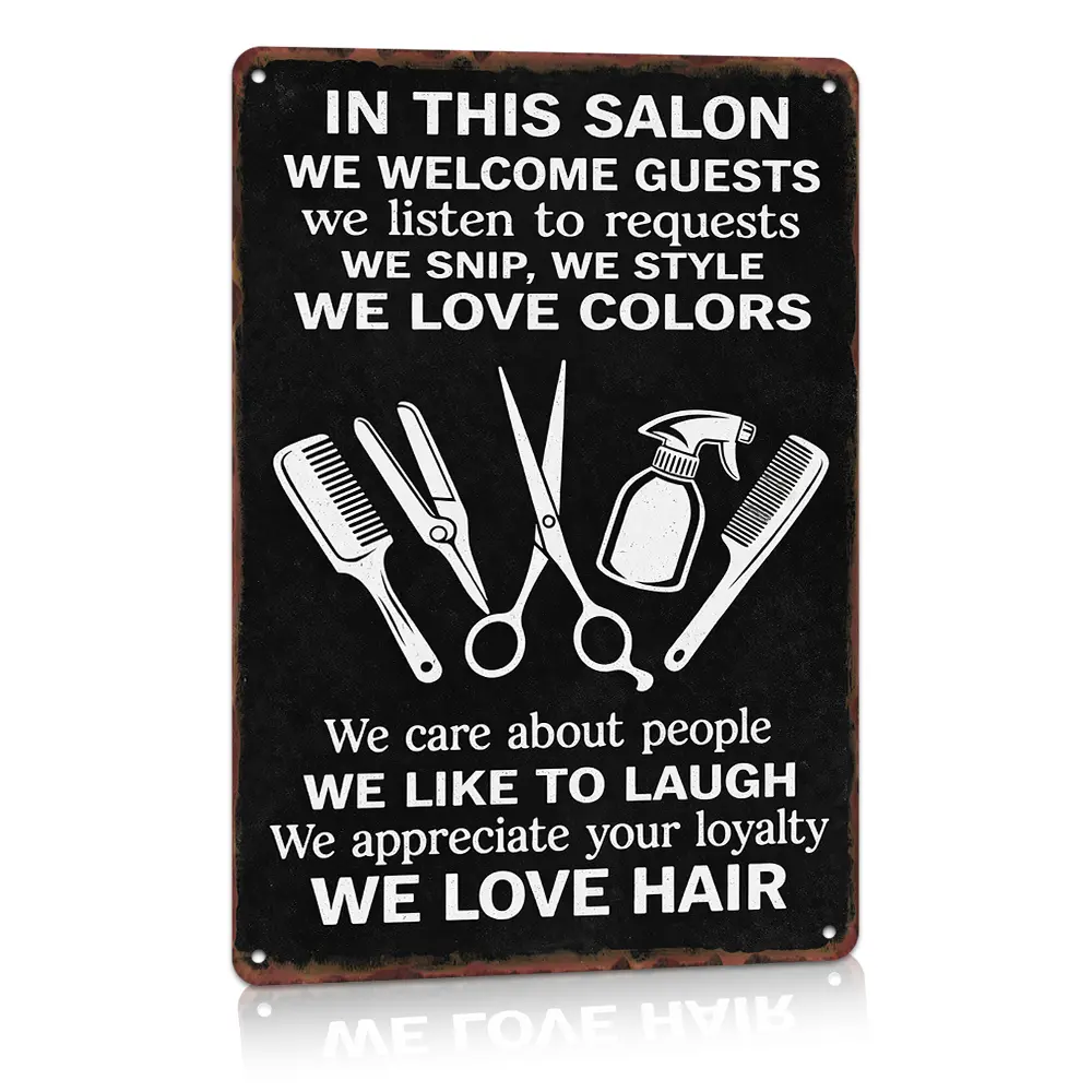 In This Salon We Love Hair Barber Tools Graphic Vintage Aluminum Metal Sign, Vertical 8x12", Black White Worn Distressed, Wall Art Decor, Hair Salon Ornament, Beauty Shop Space, Hair Stylist Barber Lovers, Salon Opening Gift