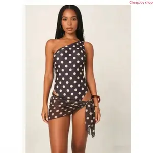 Navy Polka Dot One Shoulder Swimsuit With Sheer Mesh Sarong 2 Piece Asymmetric Slim Fit Beach Poolside Swimwear