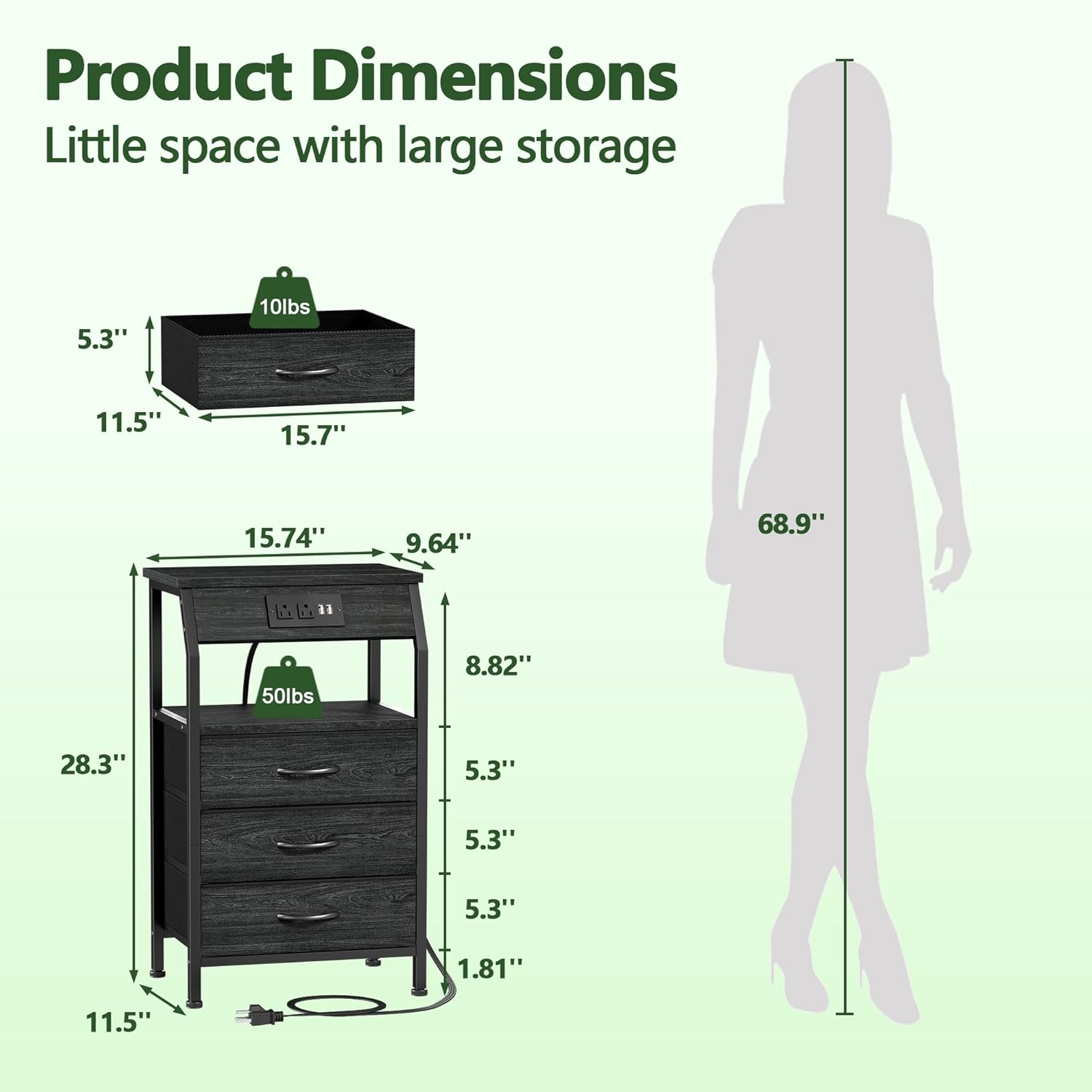 Night Stand with Station, 28.3 Inch Tall Side Table with Fabric Drawers ...