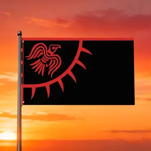1PC Black Raven Viking Flag - Bold Red Raven on Black Fabric is made of 100% polyester fiber, comes with 2 hanging rings, suitable for home/garden/outdoor/indoor use, available in 4 sizes. Wall banner, poster banner, flag banner, sail banner, sign banner