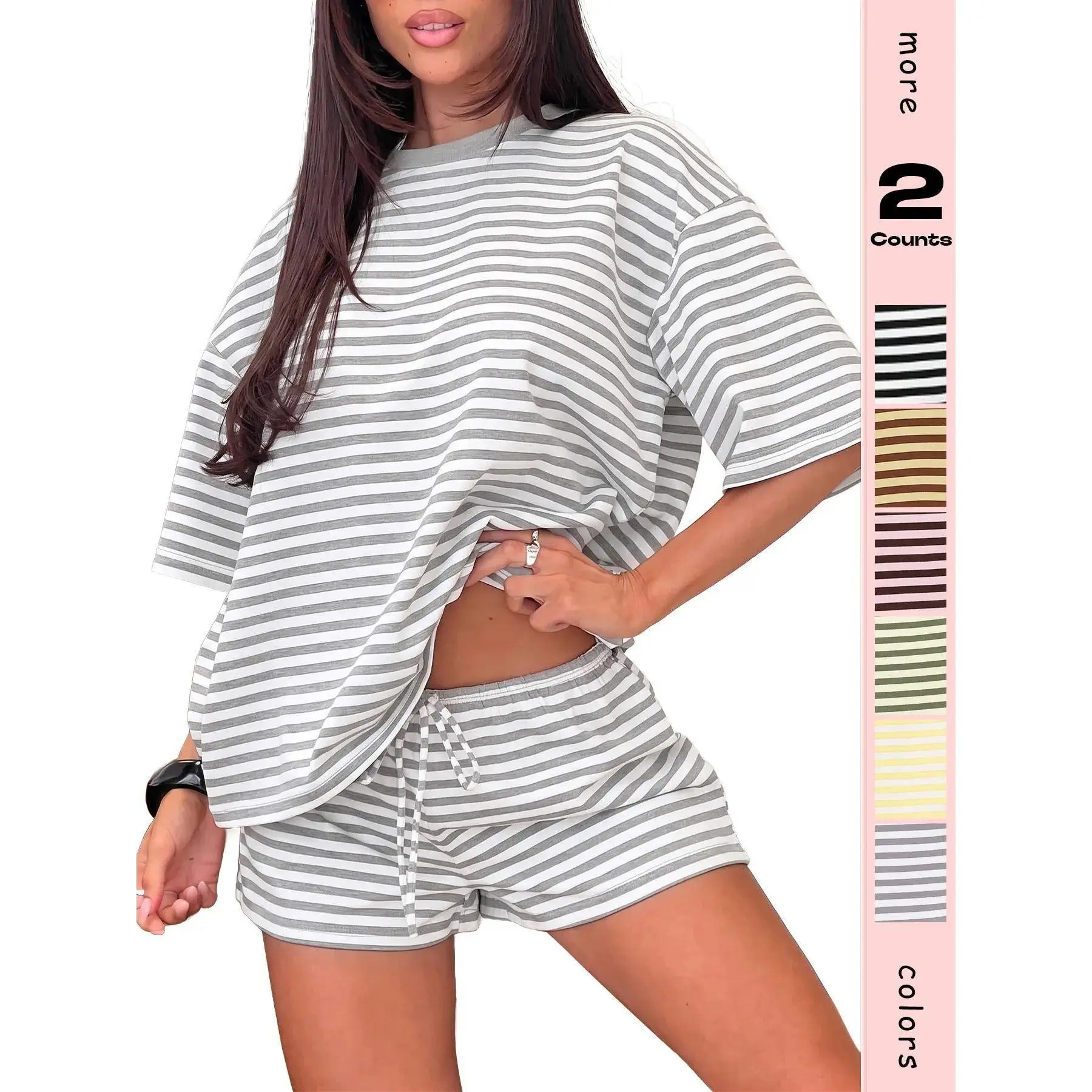 Oversized Fit Striped Matching Set for Women, Drawstring Waist Short Sleeve Top & Casual Lounge Shorts, Skin-Friendly Summer Everyday Outfit