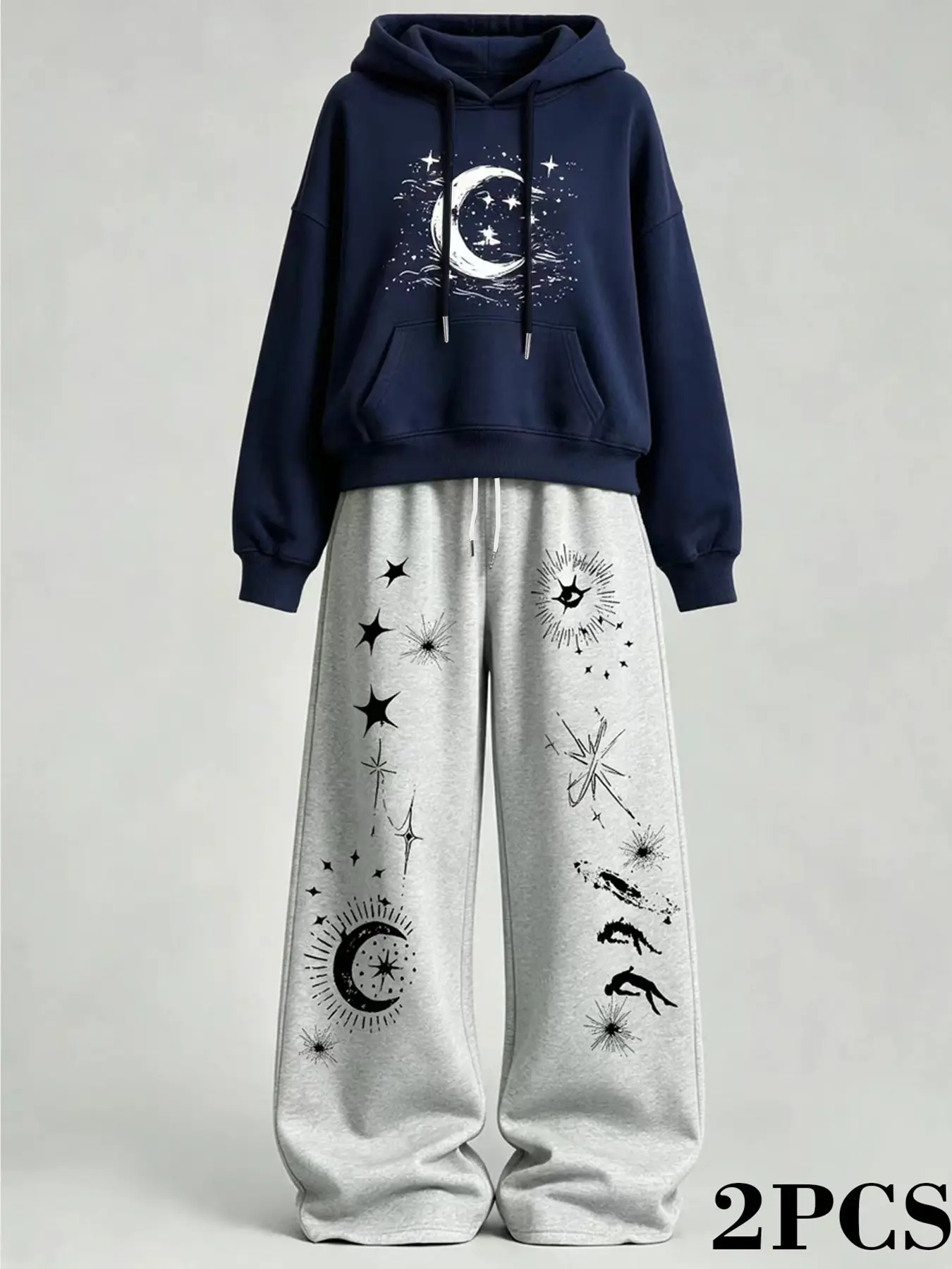 American Star Moon Sky Hoodie Two-Piece Set, Atmospheric Girl Spring Autumn Loose-Fit Sports, Casual Sweatshirt Set