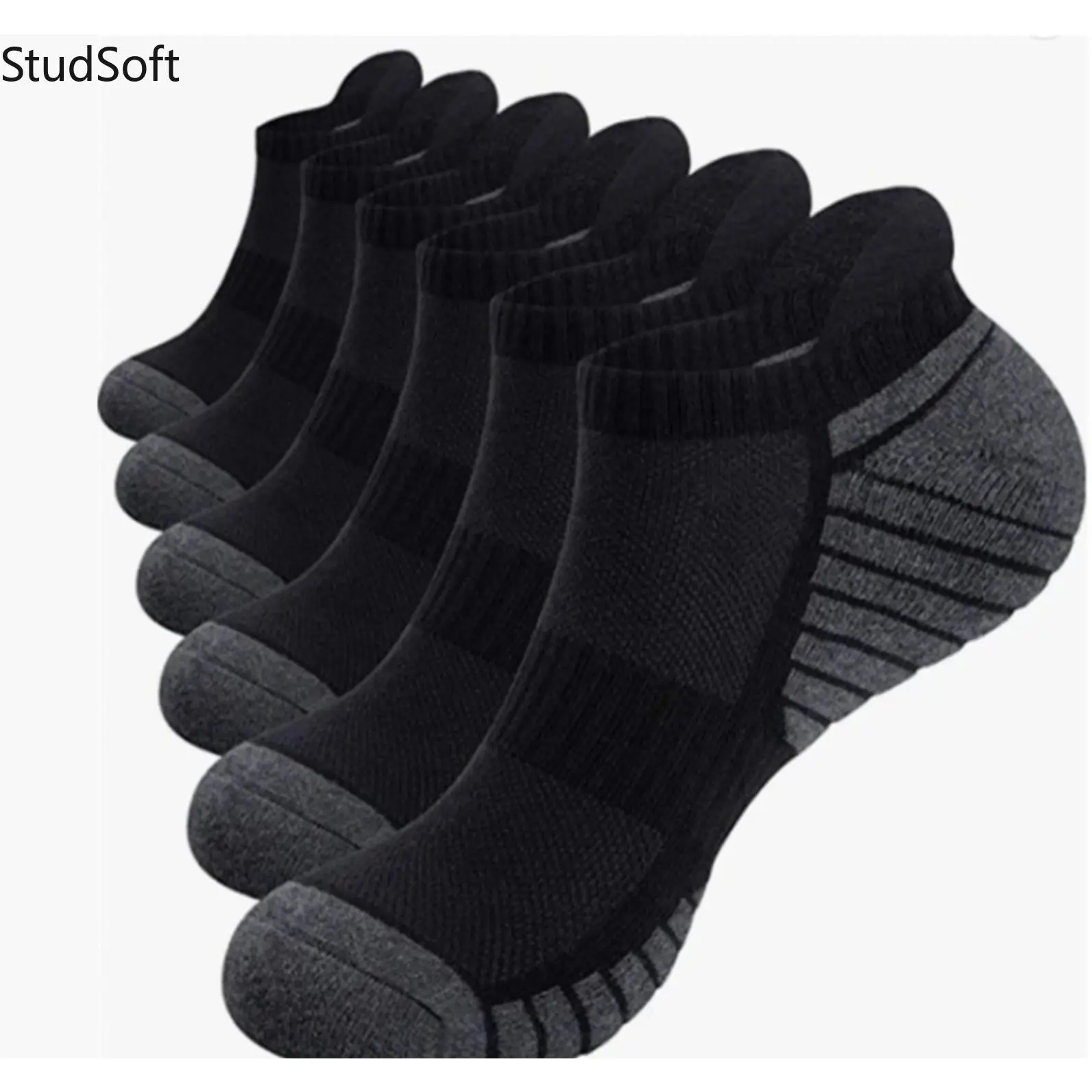 Men's 6 Pairs Ankle-Length Multi-Size Black Athletic Socks - Cushioned Cotton, Soft Breathable, Heavy-Duty Bulk Pack with Heel Tab for Hiking, Gym