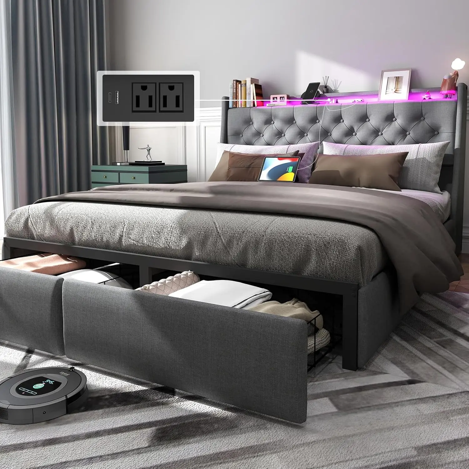 Queen Size Bed Frame with Charging Station and Headboard, Upholstered Button Tufted Platform Queen Bed with 2 Storage Drawers and LED Lights, No Box Spring Needed, Noise-Free, Easy Assembly, Gray 88"L x 60"W x 42"H