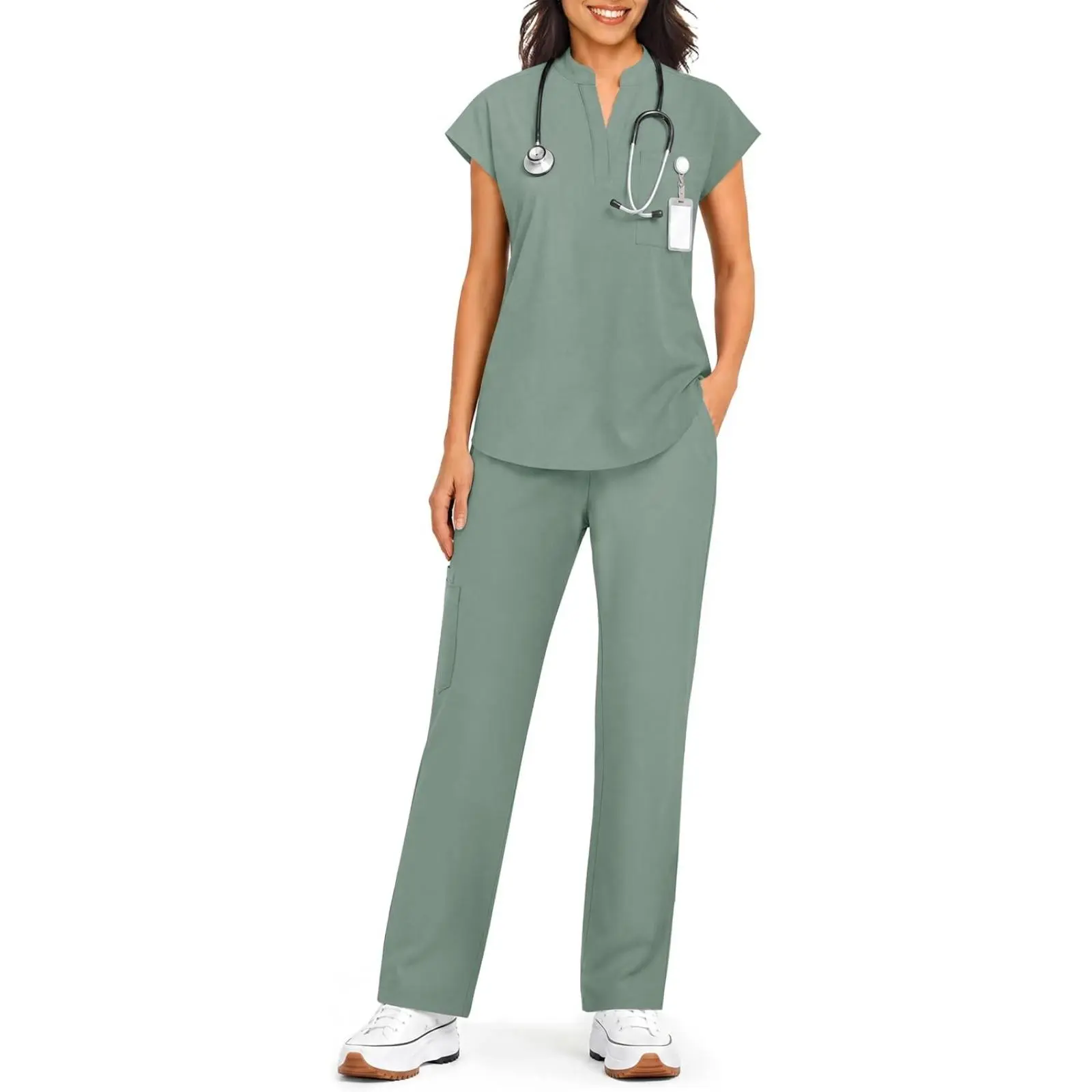 Yousify Scrubs Set for Women Stand-Up Collar Top &amp; Straight Leg Pant with 7 Pockets