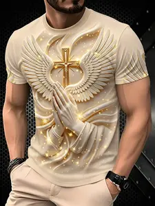 Men's Beige Crew Neck Short Sleeve T Shirt  Relief Praying Hands Wing Cross Sparkle Graphic Tees Religious Faith Casual Street Loose Fashion Tops