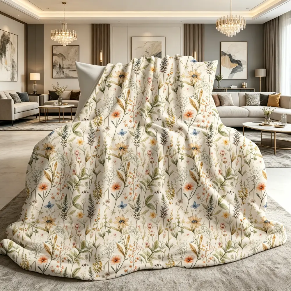 Wildflower Quilted Cozy Throw Blanket - Rustic Botanical Print Decorative Sofa Blanket for Home, Room Decor, Ideal Gift for Loved Ones