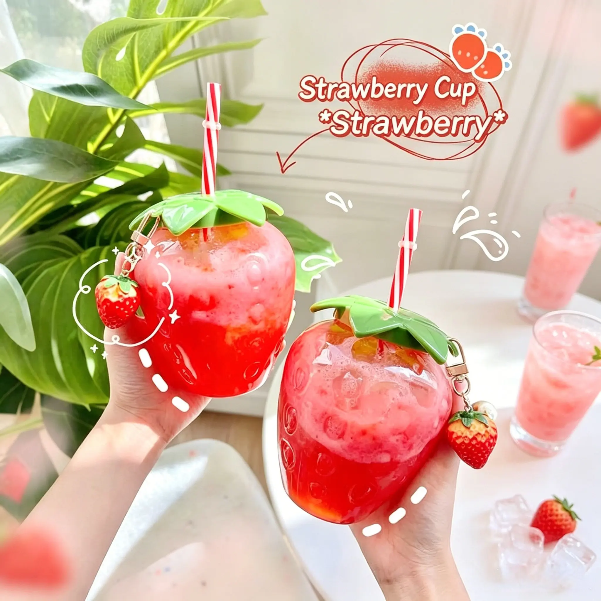 Strawberry Shape Drink Cup 500ML Reusable Plastic, Fruit Design, Aesthetic Water Bottle, Beach Party, Ice Smoothie, Hand Wash Only, Lightweight, Portable Water Bottles