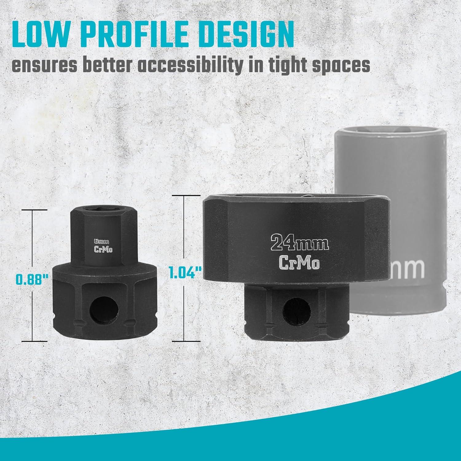 3/8" Drive Stubby Impact Socket Set, Low Profile Impact Sockets, 19-, Metric, Size Covers 6-24mm, Cr-Mo Steel, Organized in  Storage Rail