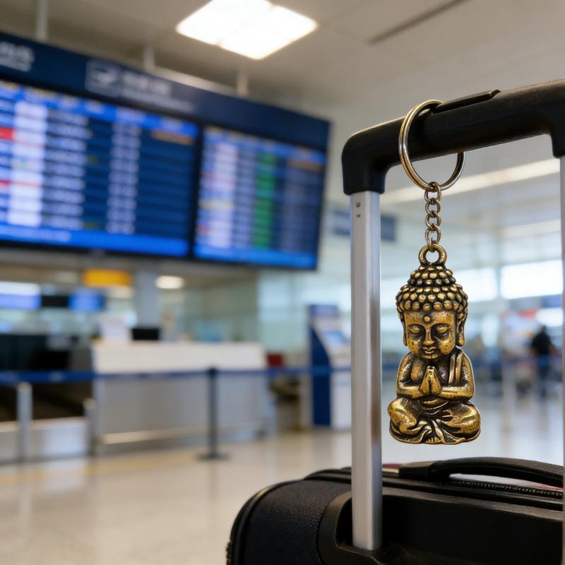 Brass Buddha Pendant Keychain, Mini Handcrafted Lucky Amulet Figurine, Portable Religious Protection Charm for Daily Carrying Bags Keys and Everyday Wear