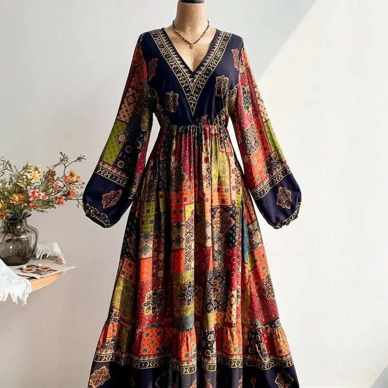 Women's Bohemian Style Ethnic Vintage Vacation Print V Neck Long Sleeve Dress, Perfect for Music Festivals, Stylish and Comfortable