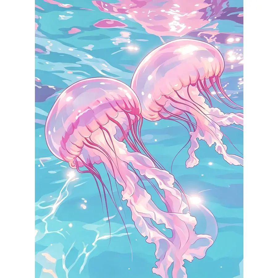 5D DIY Diamond Painting Kit Pastel Pink Jellyfish Clear Blue Ocean Cartoon Sea Animal Art Pattern, Full Round & Square Drill Rhinestone Mosaic Cross Stitch Craft Kit, Handmade Ornament Wall Art Home Decor Gift for Living Room Bedroom