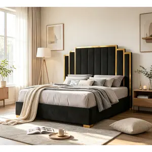 King Size Upholstered Platform Bed Frame - Velvet Headboard with Gold Trim, Durable Wooden Slats, No Box Spring Needed, Unique Bedroom Furniture, Gold Accented Beds, Christmas Gift Idea