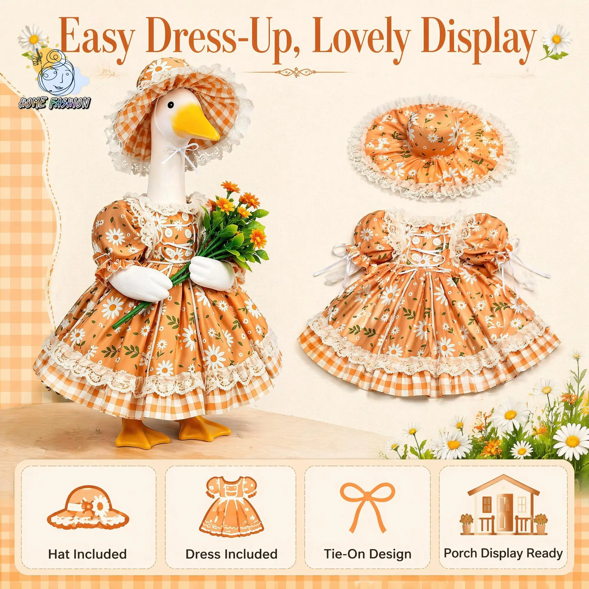 17‑23 Inch Porch Goose Statue Clothes, Tie‑On Easy Dress‑Up Design, Lace Trim Detail, Cherry Daisy Butterfly Rose Printed Dress With Matching Hat，Multiple Patterns Decorative Goose