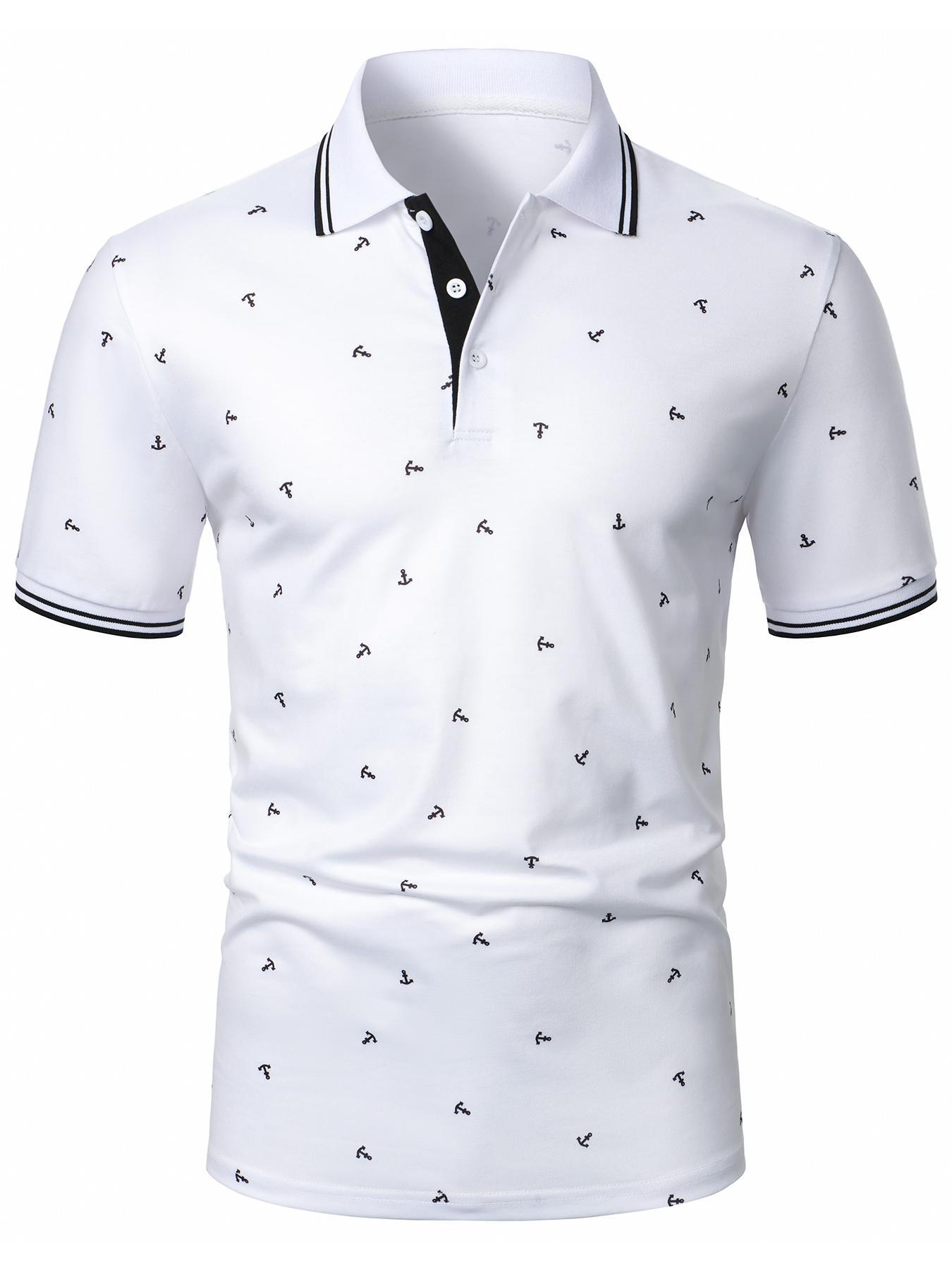 Men's Anchor Print Knit Polo Shirt, Regular Fit Casual Short Sleeve Collared Top for Summer, Fashion Men's Clothes for Daily Wear, Fitted